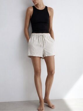 H&M Ecru/Beige Linen-Blend Drawstring  Shorts- mid rise